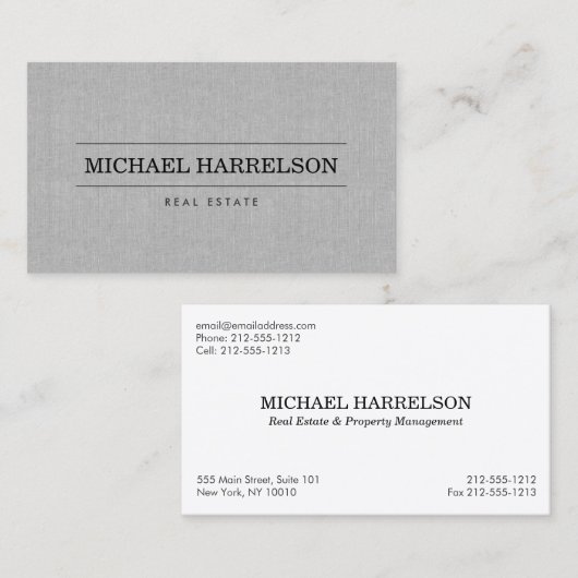 Professionele makelaar grijs linnen bedrijf visitekaartje (Voorkant / Achterkant)