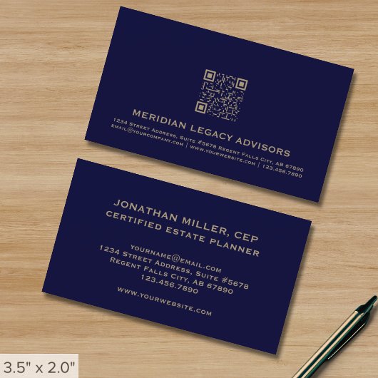 Professionele Marine Blauw en Gouden QR Code Visitekaartje