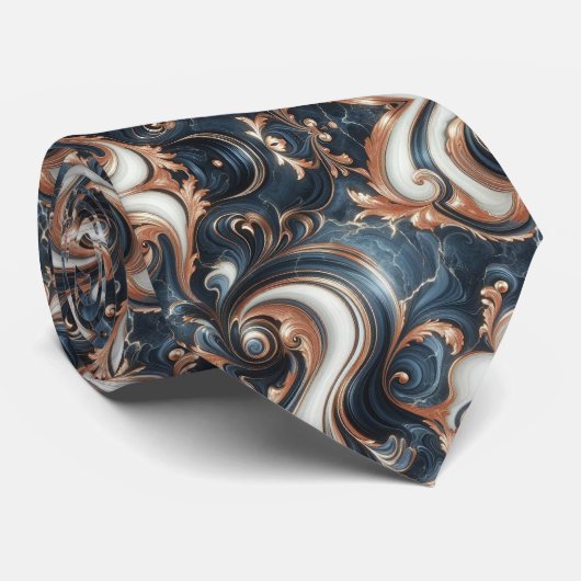 Professionele marineblauw, wit en koper marmer stropdas (Opgerold)