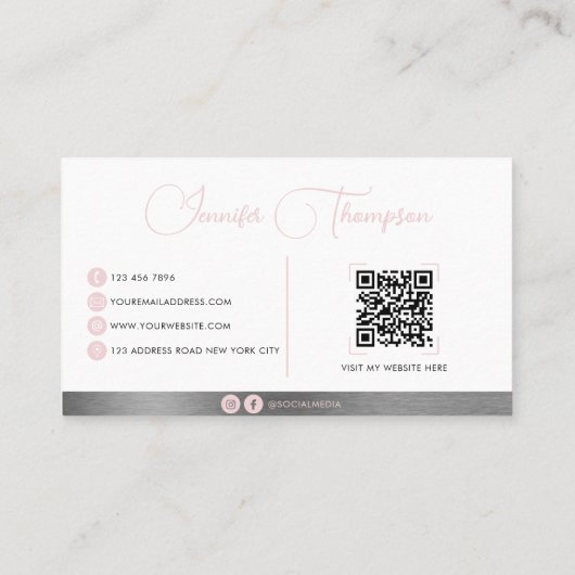 Professionele Metallic geborsteld Roze Script QR C Visitekaartje (Achterkant)