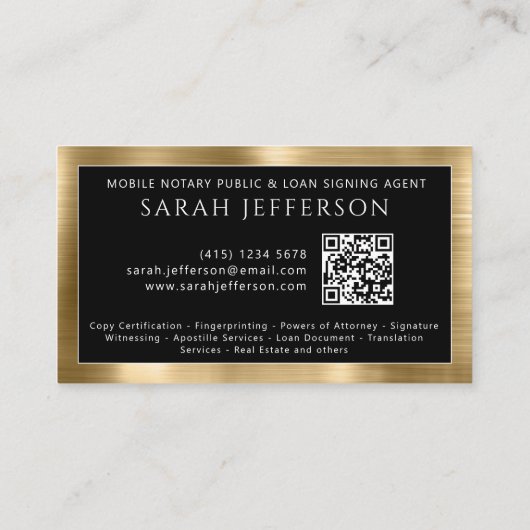 Professionele Metallic Goud Zwart QR Notaris Publi Visitekaartje (Achterkant)