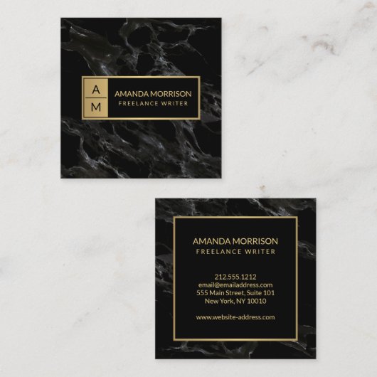 Professionele Minimale Monogram Goud/Zwart Marmer Vierkante Visitekaartje (Voorkant / Achterkant)