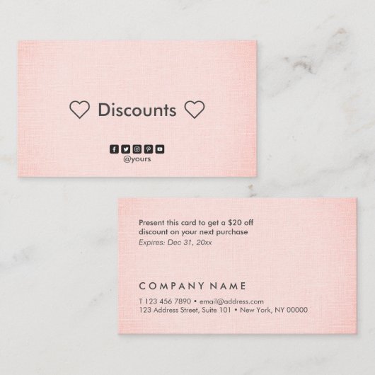 Professionele minimalistische Blush Linen-korting Visitekaartje (Voorkant / Achterkant)