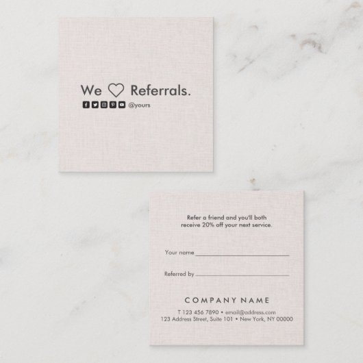 Professionele minimalistische Linen Square verwijz Vierkante Visitekaartje (Voorkant / Achterkant)