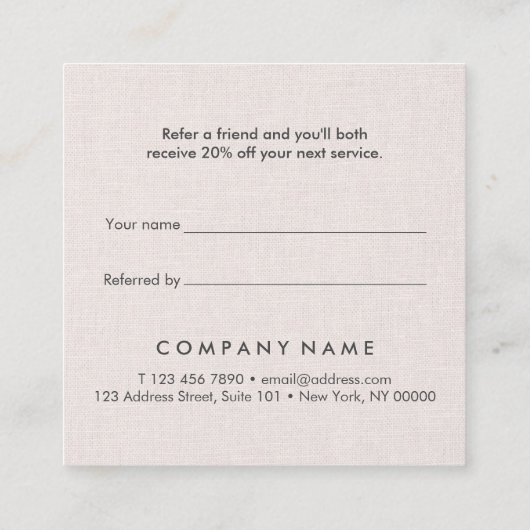 Professionele minimalistische Linen Square verwijz Vierkante Visitekaartje (Achterkant)