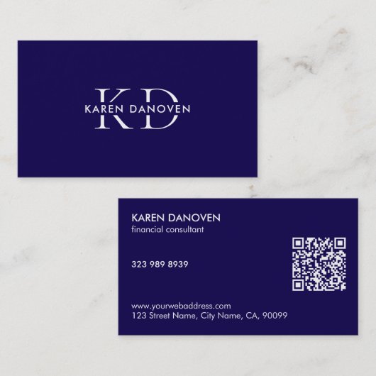 Professionele Moderne Donkerblauwe Monogram Visitekaartje (Voorkant / Achterkant)