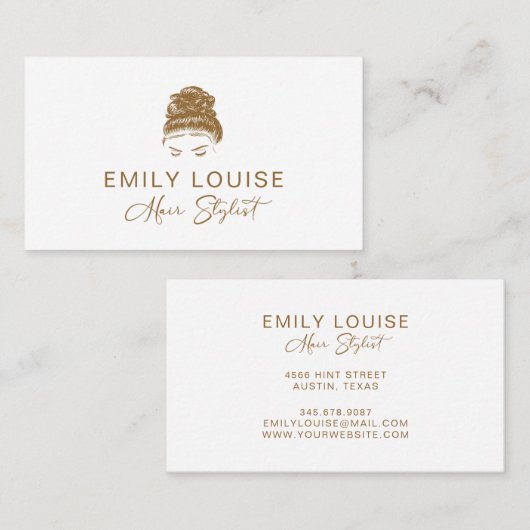 Professionele, moderne Gold Brown Hair Stylist Bus Visitekaartje (Voorkant / Achterkant)