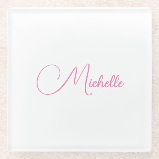 Professionele moderne handschriftnaam roze wit glazen onderzetter (Voorkant)