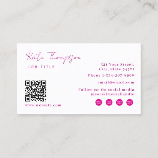 Professionele Moderne Hot Roze Minimalistische QR- Visitekaartje (Achterkant)
