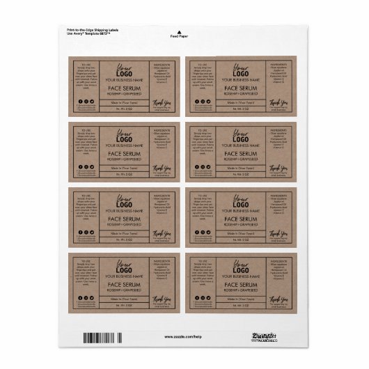 Professionele moderne Kraft Face Serum Labels (Full Sheet)