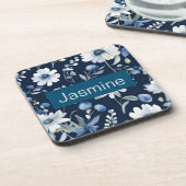 Professionele moderne minimalistische blauwe bloem bier onderzetter (Linkerzijde)