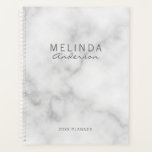 Professionele moderne witte marmer planner<br><div class="desc">De professionele Moderne Planner die naam in grijze moderne sans serif doopvontstijl en familienaam in de grijze moderne calligrafische doopvontstijl op witte marmer achtergrond kenmerkt.</div>