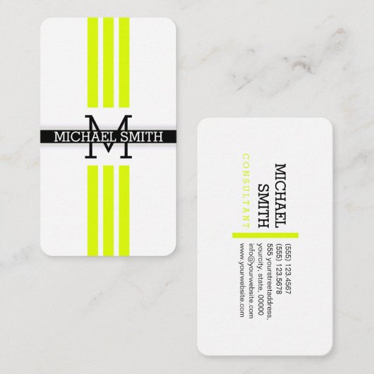 Professionele Monogram Modern Chartreuse Stripes Visitekaartje (Voorkant / Achterkant)