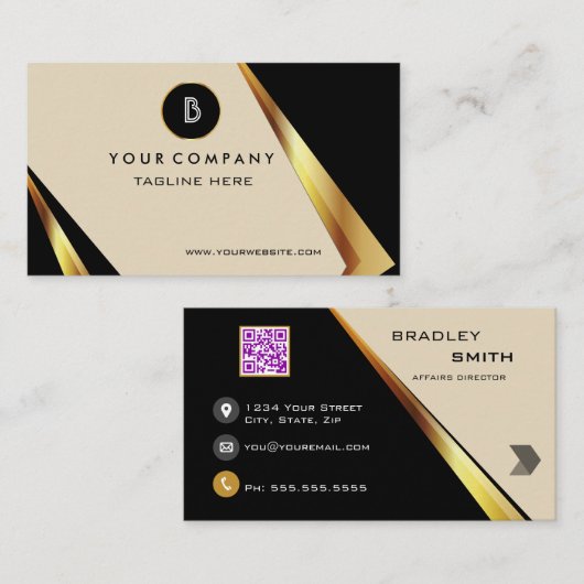 Professionele monogram QR-code zwart en goud Visitekaartje (Voorkant / Achterkant)