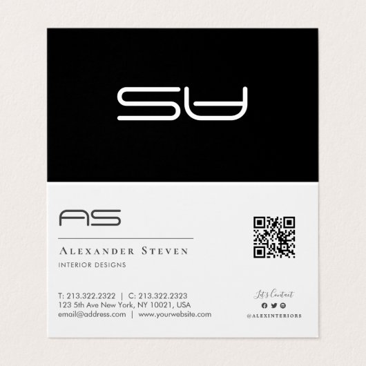 Professionele monogrammen QR-code zwart en wit Visitekaartje (Buitenkant ongevouwen)