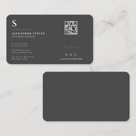 Professionele monogrammen QR Plain Gray Visitekaartje (Voorkant / Achterkant)