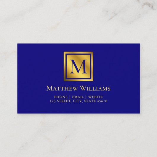 Professionele Navy Blauwe En Gouden Monogram Visitekaartje (Voorkant)