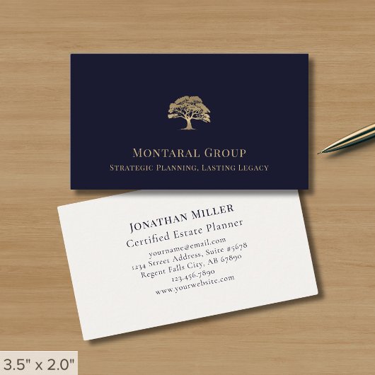 Professionele Navy Blue Gold Tree Logo Visitekaartje
