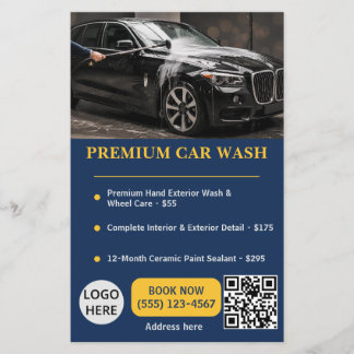 Professionele Navy Goud Autowasbeurt Service Flyer