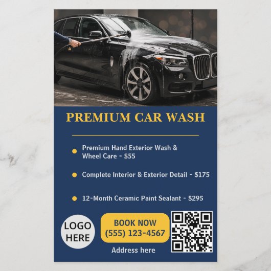 Professionele Navy Goud Autowasbeurt Service Flyer (Voorkant)