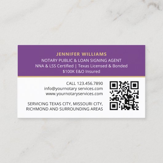 Professionele notaris Openbare foto QR-code Paarse Visitekaartje (Achterkant)