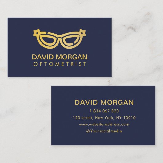 Professionele Optometrie Gouden Bril Logo Navy Visitekaartje (Voorkant / Achterkant)