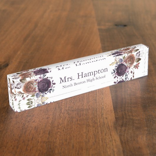 Professionele Paarse en gouden bloemenleraar Naambordje (Zijkant)