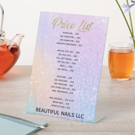 Professionele Paarse Glitter Nail Salon-prijslijst Reclamebord Met Voetstuk (Insitu)