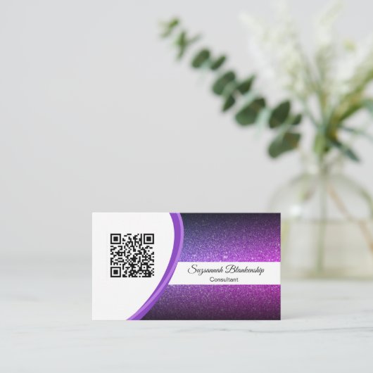 Professionele Paarse Glitter QR Code Sjabloon Visitekaartje (Staand voorkant)