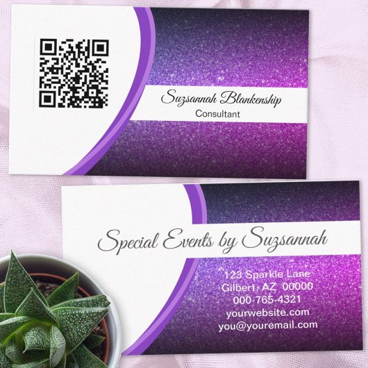 Professionele Paarse Glitter QR Code Sjabloon Visitekaartje