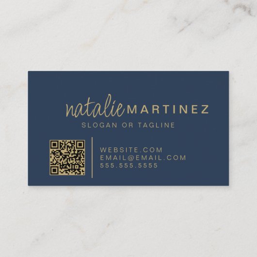 Professionele QR-code Elegant Blauw en Goud Script Visitekaartje (Achterkant)