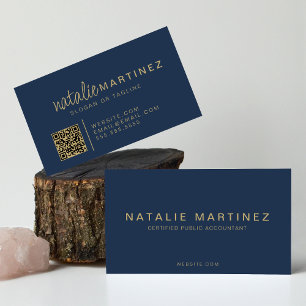 Professionele QR-code Elegant Blauw en Goud Script Visitekaartje