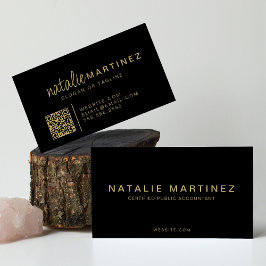 Professionele QR-code Elegant Zwart en Goud Script Visitekaartje