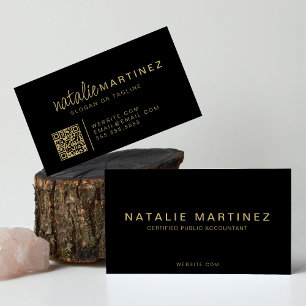 Professionele QR-code Elegant Zwart en Goud Script Visitekaartje