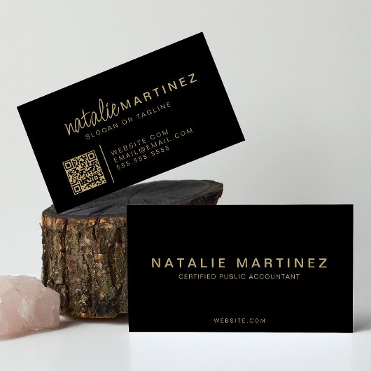 Professionele QR-code Elegant Zwart en Goud Script Visitekaartje