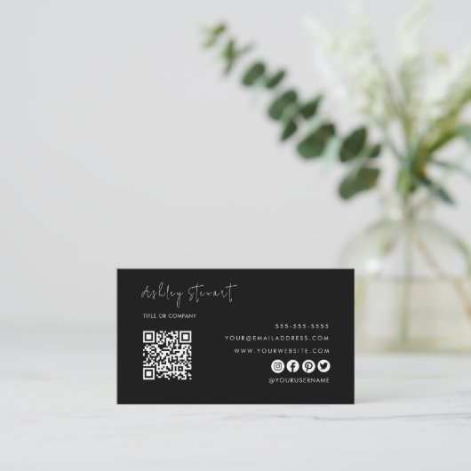 Professionele Qr-code Logo Modern Black Minimal Visitekaartje (Staand voorkant)