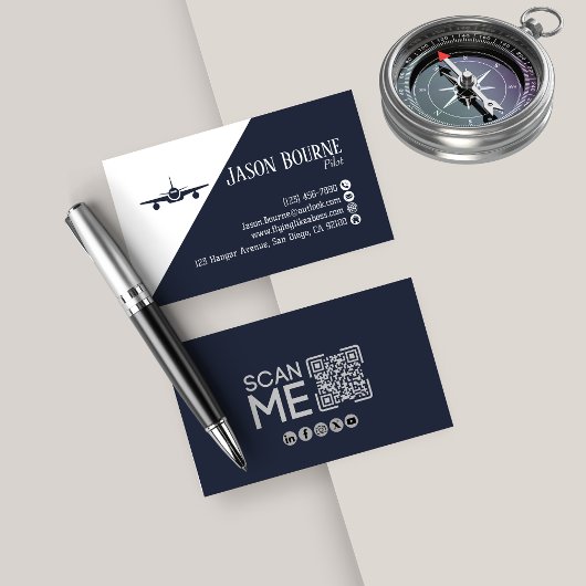 Professionele QR-code, Luchtvaart, Blauw, minimali Visitekaartje
