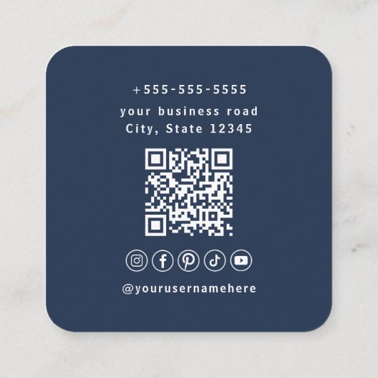 Professionele QR Code Marine Blauw Social Media Vierkante Visitekaartje (Achterkant)