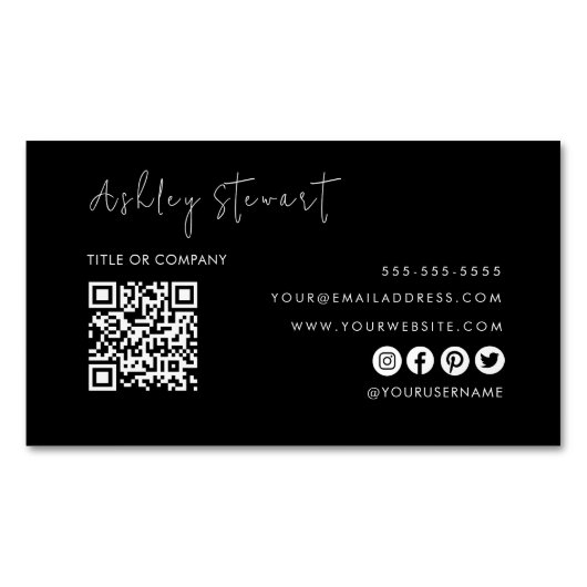Professionele Qr-code Modern Minimal Black Magnetisch Visitekaartje (Voorkant)