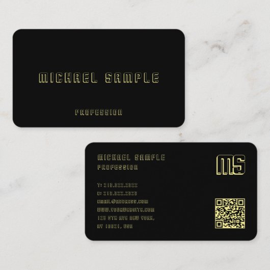 Professionele QR Code Monogram Elegant Zwart & Gou Visitekaartje (Voorkant / Achterkant)
