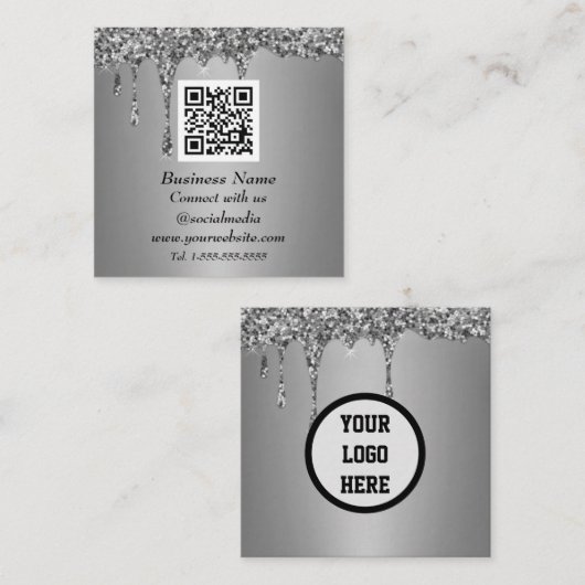 Professionele QR-code scannable Silver Glitter Dri Vierkante Visitekaartje (Voorkant / Achterkant)