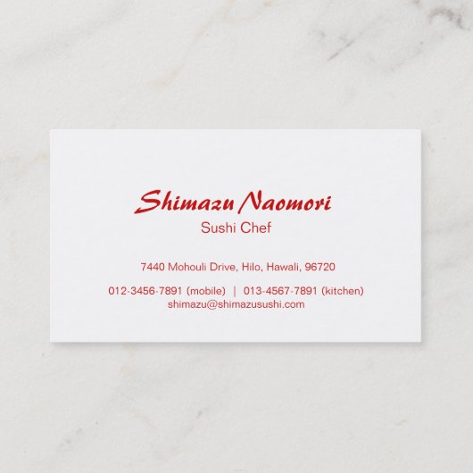 Professionele rode witte sushi chef-visitekaartje visitekaartje (Achterkant)