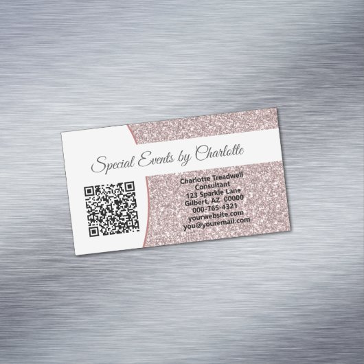Professionele roze Faux Glitter Custom QR Code Magnetisch Visitekaartje (Voorbeeld)