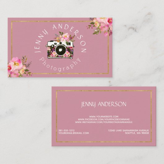 Professionele roze, Floral camera fotograaf Visitekaartje (Voorkant / Achterkant)