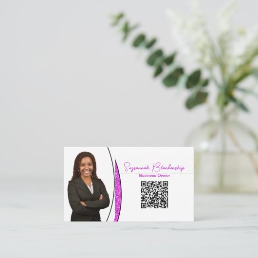 Professionele roze zilver van faux glitter foto QR Visitekaartje (Staand voorkant)