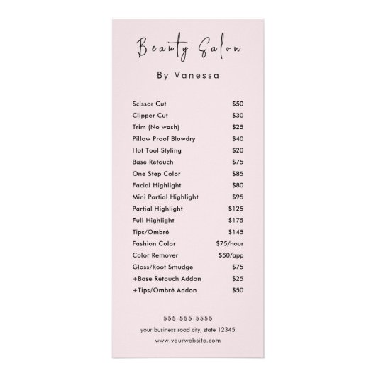 Professionele Schoonheidssalon prijslijst Diensten Reclamekaart (Voorkant)