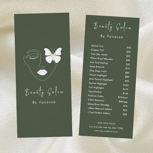 Professionele Schoonheidssalon prijslijst Diensten Reclamekaart