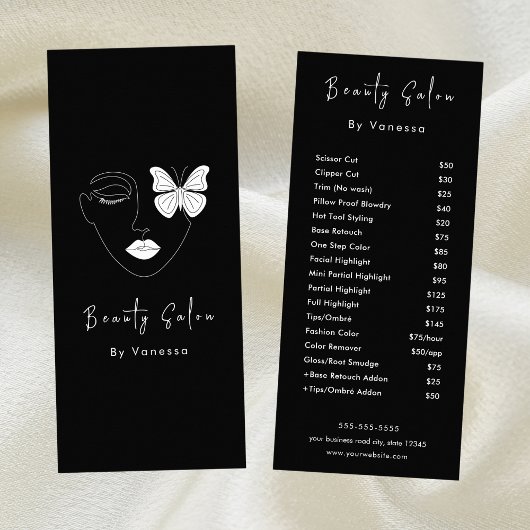Professionele Schoonheidssalon prijslijst Diensten Reclamekaart