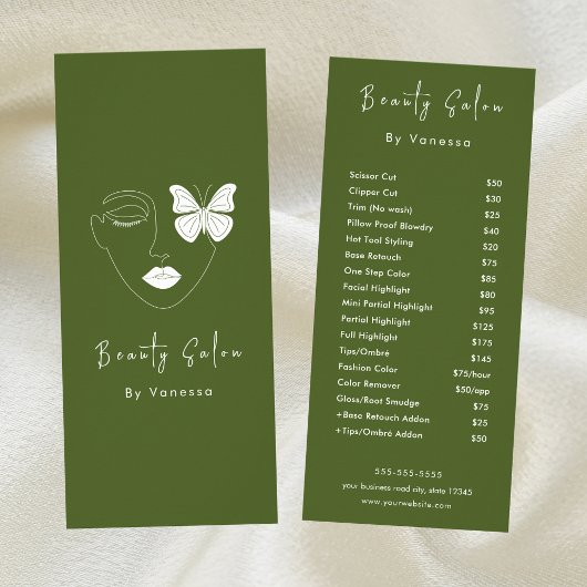 Professionele Schoonheidssalon prijslijst Diensten Reclamekaart