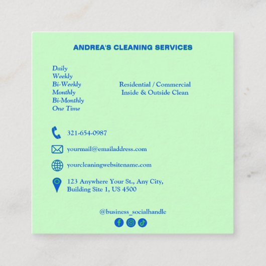Professionele schoonmaakdiensten Logo Groen & Blau Vierkante Visitekaartje (Achterkant)